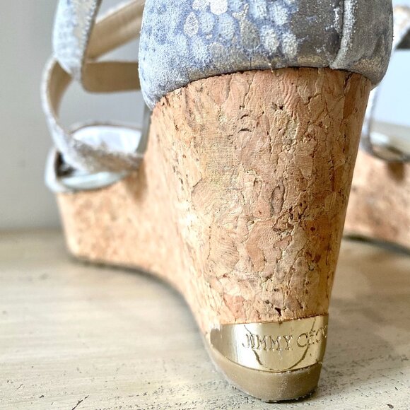Jimmy Choo Portia Metallic Sandals Wedge Metallic Snake Print Size 39 Pre-Owned - Picture 1 of 6